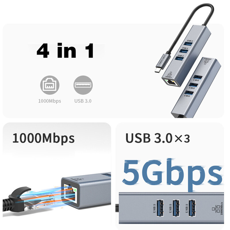 USB C HUB Docking Station de tip C la RJ45 1000Mbps Adaptor Ethernet Placă de rețea Gigabit HUB USB3.0 Extensie de andocare de încărcare 100W