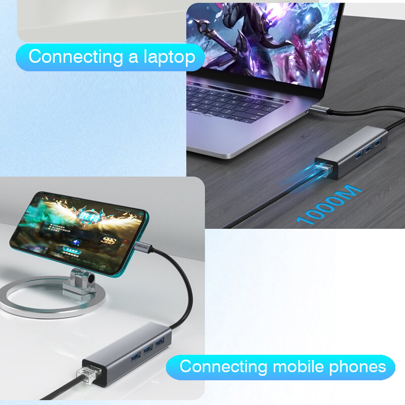 USB C HUB Docking Station de tip C la RJ45 1000Mbps Adaptor Ethernet Placă de rețea Gigabit HUB USB3.0 Extensie de andocare de încărcare 100W