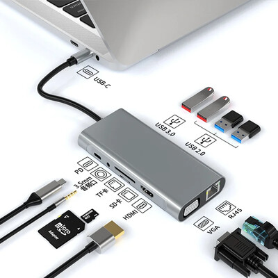 Basix Type c hub USB C 11 in 1 Port HD-MI-kompatibilis VGA dokkoló USB 3.0 nagy sebességű C típusú elosztó Macbook Air laptophoz