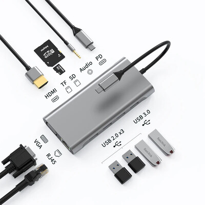 Basix tip c hub USB C 11 în 1 port compatibil HD-MI VGA andocare USB 3.0 de mare viteză tip C Splitter pentru laptop Macbook Air