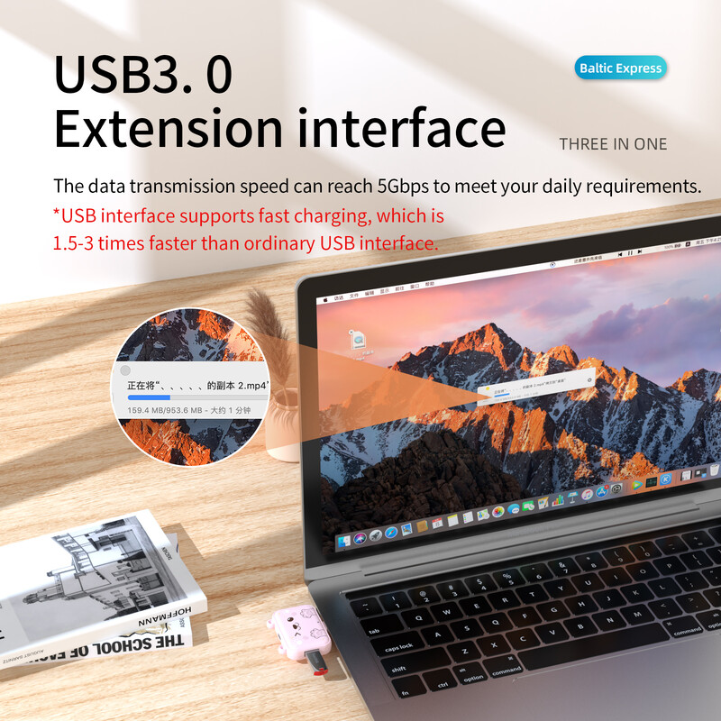 Basix USB C Hub USB 3.0 adaptér Otočný vysokorýchlostný U disk Reader USB Splitter pre Macbook PC Počítač Mobilné tablety Príslušenstvo