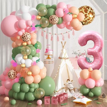 Διακόσμηση για πάρτι γενεθλίων 1st Jungle Safari, Pink Sage Green 1st Jungle Hunting Balloon Garland Arch Kit with Numbers 1 Αλουμινόχαρτο μπαλόνι, Μπαλόνι Animal Print, Κατάλληλο για προμήθειες πάρτι με θέμα πρώτου κυνηγιού