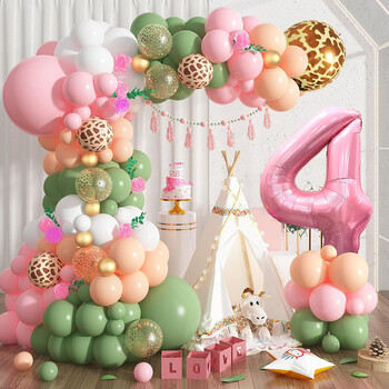 Διακόσμηση για πάρτι γενεθλίων 1st Jungle Safari, Pink Sage Green 1st Jungle Hunting Balloon Garland Arch Kit with Numbers 1 Αλουμινόχαρτο μπαλόνι, Μπαλόνι Animal Print, Κατάλληλο για προμήθειες πάρτι με θέμα πρώτου κυνηγιού