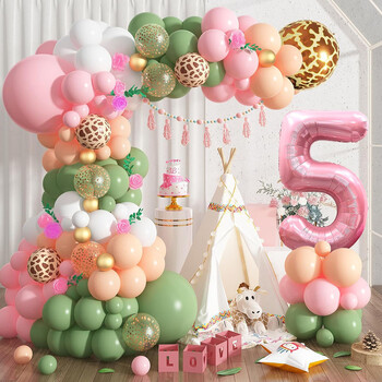 Διακόσμηση για πάρτι γενεθλίων 1st Jungle Safari, Pink Sage Green 1st Jungle Hunting Balloon Garland Arch Kit with Numbers 1 Αλουμινόχαρτο μπαλόνι, Μπαλόνι Animal Print, Κατάλληλο για προμήθειες πάρτι με θέμα πρώτου κυνηγιού