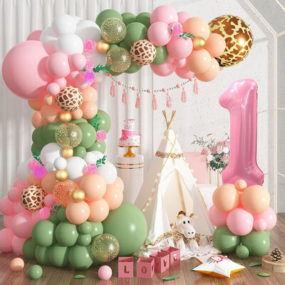 Διακόσμηση για πάρτι γενεθλίων 1st Jungle Safari, Pink Sage Green 1st Jungle Hunting Balloon Garland Arch Kit with Numbers 1 Αλουμινόχαρτο μπαλόνι, Μπαλόνι Animal Print, Κατάλληλο για προμήθειες πάρτι με θέμα πρώτου κυνηγιού