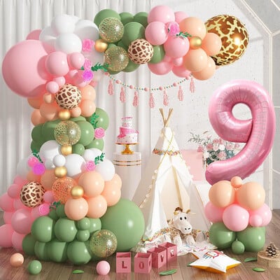 1. dzsungel szafari születésnapi parti dekoráció, rózsaszín zsálya zöld 1. dzsungel vadászballon Garland Arch Kit számokkal