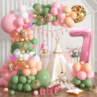 1. dzsungel szafari születésnapi parti dekoráció, rózsaszín zsálya zöld 1. dzsungel vadászballon Garland Arch Kit számokkal