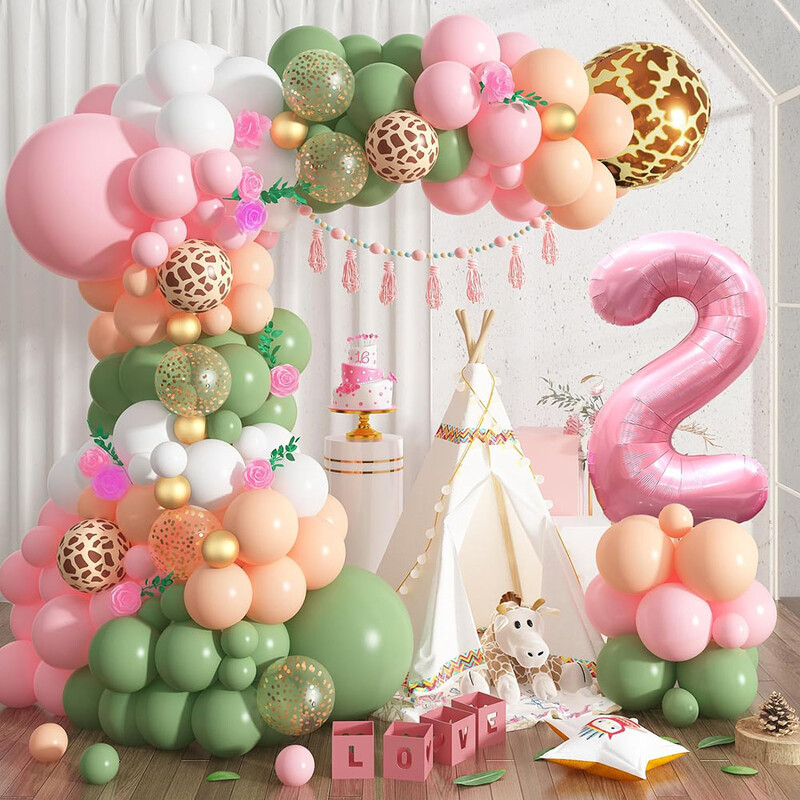 1. dzsungel szafari születésnapi parti dekoráció, rózsaszín zsálya zöld 1. dzsungel vadászballon Garland Arch Kit számokkal