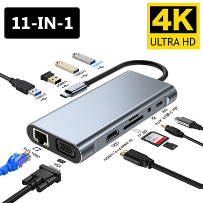 Stație de andocare tip C 11 în 1 HUB USB 3.0 Splitter USB C tip C la 4K HDMI VGA PD RJ45 100M Adaptor de rețea pentru laptop Macbook