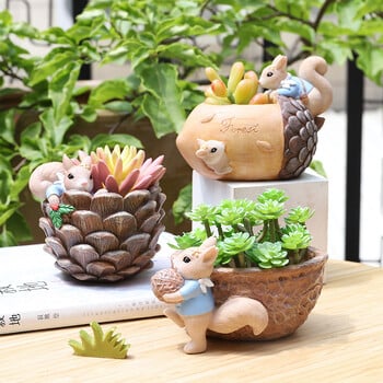 Cute Squirrel Succulent Plants Pot Creative Resin Plants Pots Mini Animal Planter