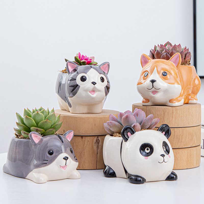 Kreatívna keramická váza s kreslenými postavičkami, roztomilé zvieratá, panda, kaktusy, rastlina v kvetináči, domáce záhradnícke ozdoby, keramická váza, darček, bytová dekorácia