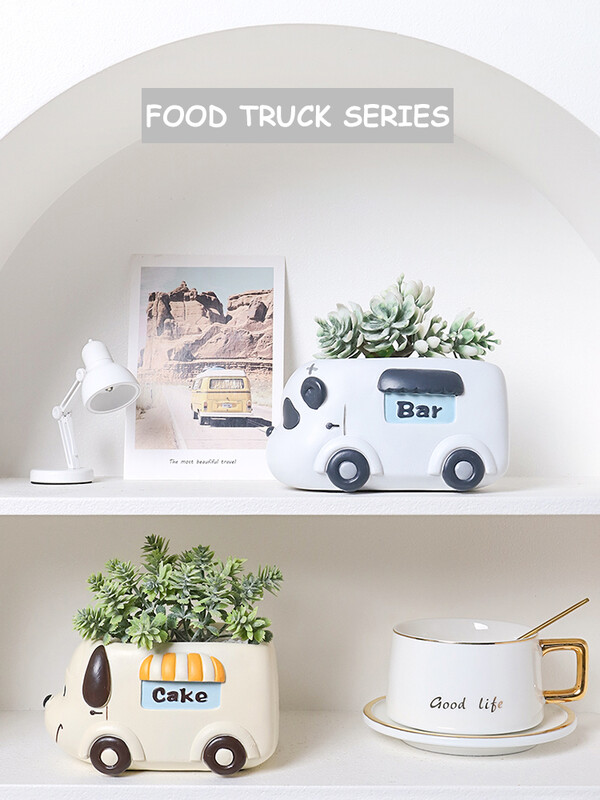 Seria Food Truck - Jardinier din rășină pentru plante suculente, cactus, aer, figurine cu animale drăguțe pentru ghivece de flori pentru cadou pentru decorarea mesei de acasă