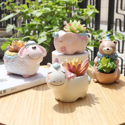 Ghiveci de flori cu animale de desene animate pentru plante suculente de cactus, figurină de grădină unicorn elefant urs zână, decor de masă pentru acasă