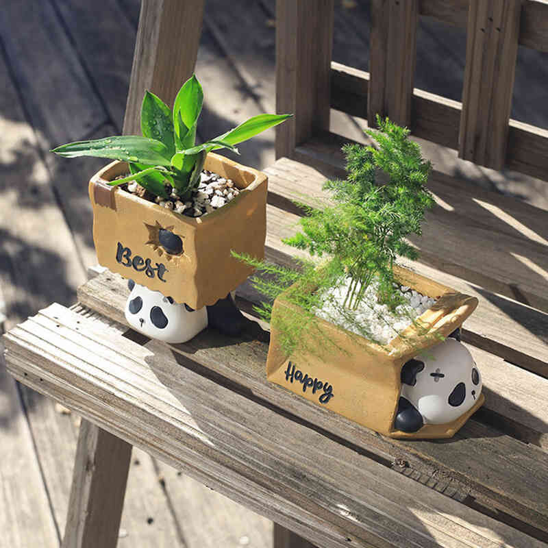 Kreslený panda tvarovaný malý kvetináč, záhradný dekoratívny kvetináč na sukulenty, živicový kontajner, dekorácie na stôl
