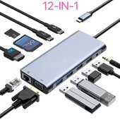Dokovacia stanica USB Hub 12 v 1 4K 30Hz: kompatibilná s USB 2.0, USB 3.0, RJ45, PD, SD/TF