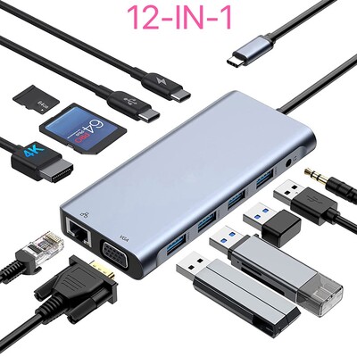 Dokkolóállomás USB hub 12 In 1 4K 30 Hz: - Kompatibilis, USB 2.0, USB 3.0, RJ45, PD, SD/TF