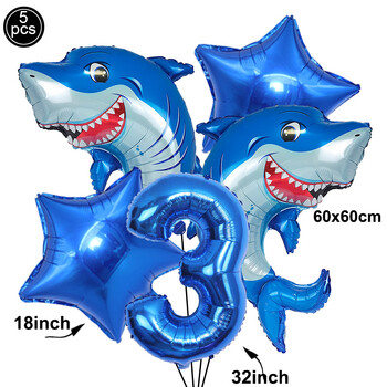 5 τμχ Cartoon Blue Shark Number Digital Balloons Set Boys Ocean Marine Animals Διακόσμηση γενεθλίων προμήθειες Παιδικές μπομπονιέρες