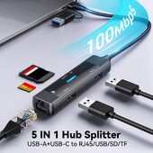 5-v-1 USB C Hub Splitter USB-C na RJ45 Lan Ethernet USB 2.0/3.0 adaptér Čítačka SD/TF kariet pre PC notebook