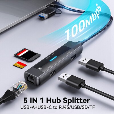 5-IN-1 USB C šakotuvo skirstytuvas USB-C prie RJ45 Lan Ethernet USB 2.0/3.0 adapteris SD/TF kortelių skaitytuvas, skirtas nešiojamam kompiuteriui