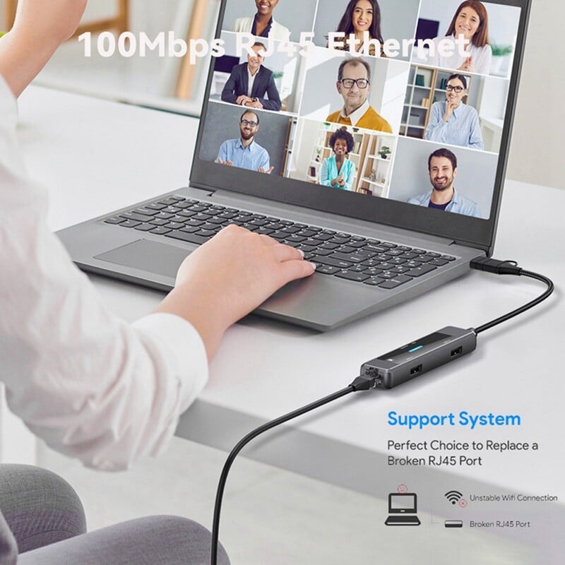 5-v-1 USB C Hub Splitter USB-C na RJ45 Lan Ethernet USB 2.0/3.0 adaptér Čítačka SD/TF kariet pre PC notebook