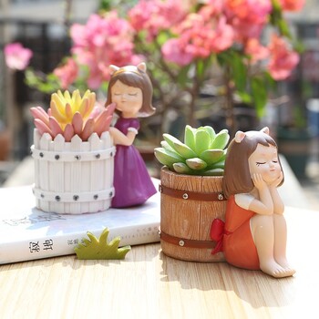 Cute Girl Flowerpot Resin Succulent Planter Mini Plant Pots Μολυβοθήκη Εσωτερικού γραφείου Επιτραπέζια οργάνωση γραφείου Διακόσμηση μπαλκονιού