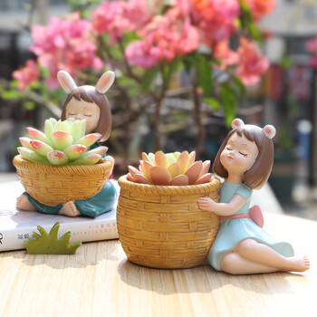 Cute Girl Flowerpot Resin Succulent Planter Mini Plant Pots Μολυβοθήκη Εσωτερικού γραφείου Επιτραπέζια οργάνωση γραφείου Διακόσμηση μπαλκονιού