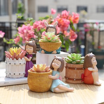 Cute Girl Flowerpot Resin Succulent Planter Mini Plant Pots Μολυβοθήκη Εσωτερικού γραφείου Επιτραπέζια οργάνωση γραφείου Διακόσμηση μπαλκονιού