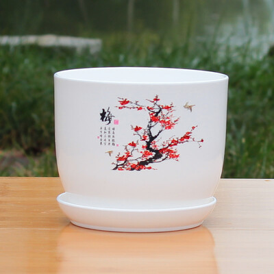 1 vnt. su dėklo imitacija keramikiniu baltu spausdintu raštu PP derva, vidinis vazoninis plastikinis gėlių vazonas