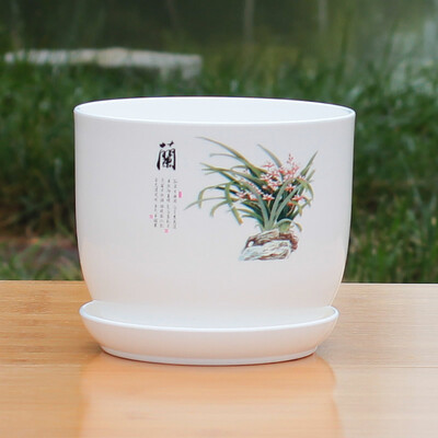 1 vnt. su dėklo imitacija keramikiniu baltu spausdintu raštu PP derva, vidinis vazoninis plastikinis gėlių vazonas