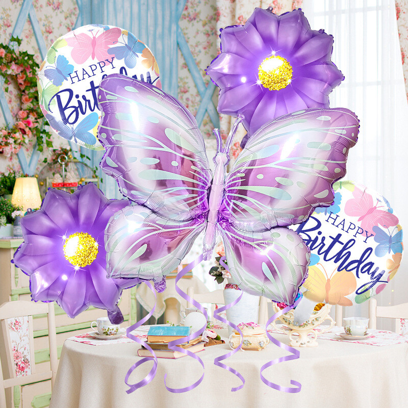 5 DB/CSOMAG Lila pillangós virágos fólia lufi készlet gyerekeknek születésnapi parti dekorációhoz gyerekszoba háttérdekoráció