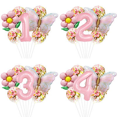 Set de baloane cu heliu cu număr de 40 de inci Fluture roz, 7 bucăți, cu gradient, la mulți ani, pentru decorațiuni pentru baby shower, pentru petrecere de aniversare, balon de nuntă