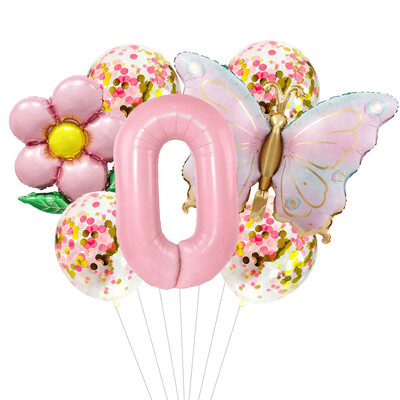 Set de baloane cu heliu cu număr de 40 de inci Fluture roz, 7 bucăți, cu gradient, la mulți ani, pentru decorațiuni pentru baby shower, pentru petrecere de aniversare, balon de nuntă