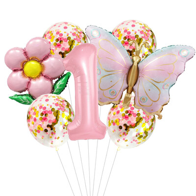 Set de baloane cu heliu cu număr de 40 de inci Fluture roz, 7 bucăți, cu gradient, la mulți ani, pentru decorațiuni pentru baby shower, pentru petrecere de aniversare, balon de nuntă