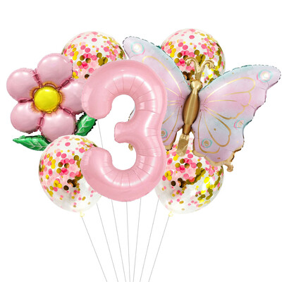 Set de baloane cu heliu cu număr de 40 de inci Fluture roz, 7 bucăți, cu gradient, la mulți ani, pentru decorațiuni pentru baby shower, pentru petrecere de aniversare, balon de nuntă