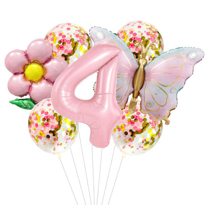Set de baloane cu heliu cu număr de 40 de inci Fluture roz, 7 bucăți, cu gradient, la mulți ani, pentru decorațiuni pentru baby shower, pentru petrecere de aniversare, balon de nuntă