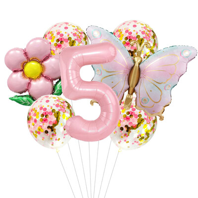 Set de baloane cu heliu cu număr de 40 de inci Fluture roz, 7 bucăți, cu gradient, la mulți ani, pentru decorațiuni pentru baby shower, pentru petrecere de aniversare, balon de nuntă