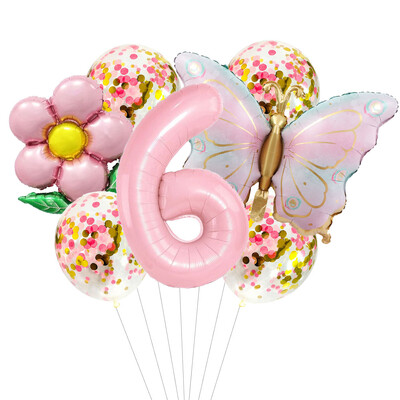 Set de baloane cu heliu cu număr de 40 de inci Fluture roz, 7 bucăți, cu gradient, la mulți ani, pentru decorațiuni pentru baby shower, pentru petrecere de aniversare, balon de nuntă