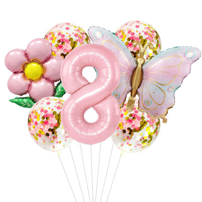 Set de baloane cu heliu cu număr de 40 de inci Fluture roz, 7 bucăți, cu gradient, la mulți ani, pentru decorațiuni pentru baby shower, pentru petrecere de aniversare, balon de nuntă