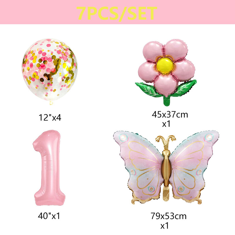 Set de baloane cu heliu cu număr de 40 de inci Fluture roz, 7 bucăți, cu gradient, la mulți ani, pentru decorațiuni pentru baby shower, pentru petrecere de aniversare, balon de nuntă