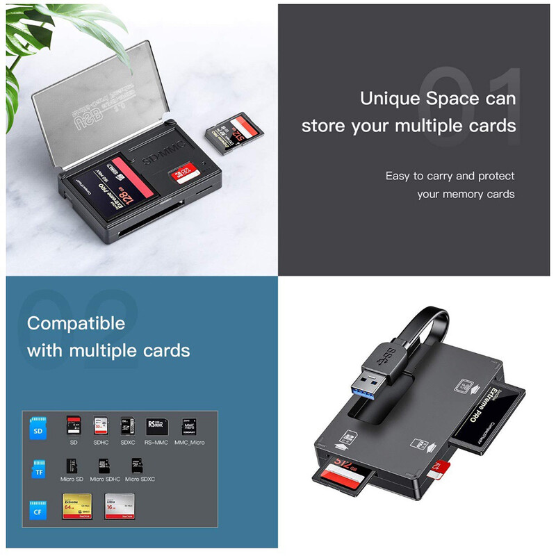 USB3.0 karšu lasītājs Micro SD TF CF atmiņas kartes glabāšanas kaste Pārnēsājams karšu turēšanas futrālis organizators klēpjdatora atmiņas paplašināšanas adapteris