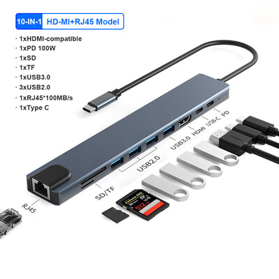 4K 30Hz USB C dokkoló állomás Type C – HDMI-kompatibilis VGA RJ45 adapter USB 3.0 HUB elosztó laptophoz Macbook Air M1 iPad Pro