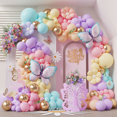 153 gab Macaron Pink Purple Butterfly Balloon Garland Dzeltena Balta Margrietiņa Ziedu Folija Hēlija Ball Kāzu Dzimšanas Diena Baby Shower Deco