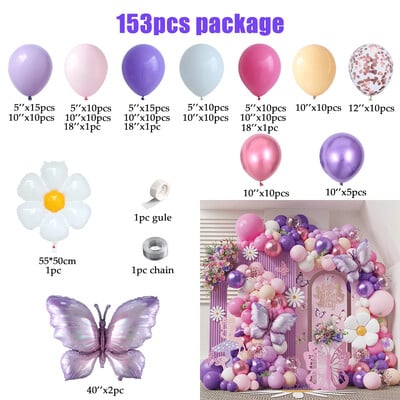 153 buc Macaron Roz Violet Fluturi Baloane Ghirlandă Galben Alb Margarete Folie Bile Heliu Numărări Ziua Nașterii Baby Shower Decor