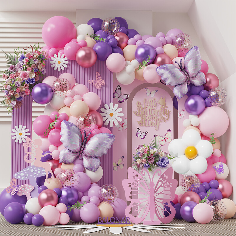 153 buc Macaron Roz Violet Fluturi Baloane Ghirlandă Galben Alb Margarete Folie Bile Heliu Numărări Ziua Nașterii Baby Shower Decor