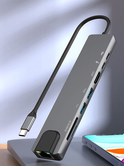 Dock de expansiune pentru notebook TypeC 8-în-1, material din aliaj de aluminiu, card de rețea de 100 megabiți, hub multifuncțional