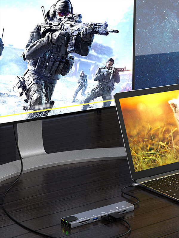 Dock de expansiune pentru notebook TypeC 8-în-1, material din aliaj de aluminiu, card de rețea de 100 megabiți, hub multifuncțional