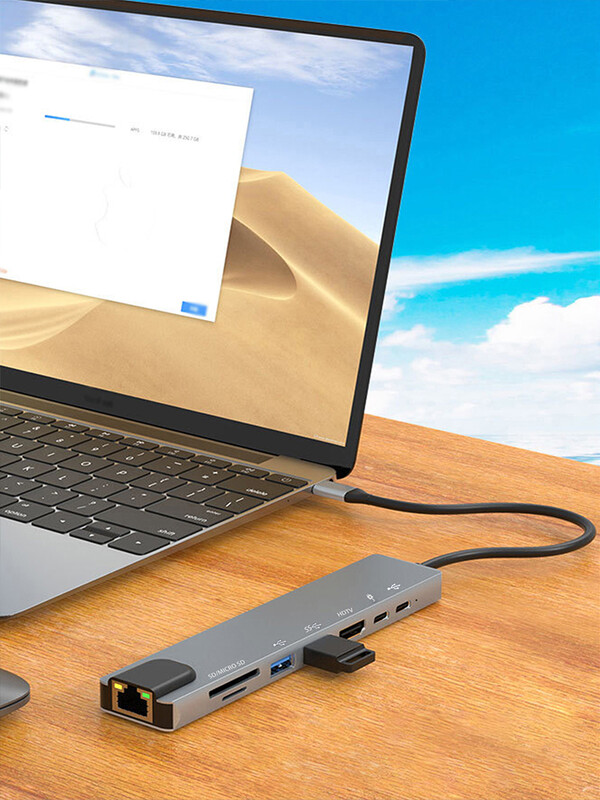 Dock de expansiune pentru notebook TypeC 8-în-1, material din aliaj de aluminiu, card de rețea de 100 megabiți, hub multifuncțional