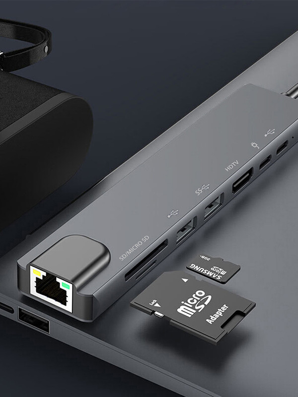 Dock de expansiune pentru notebook TypeC 8-în-1, material din aliaj de aluminiu, card de rețea de 100 megabiți, hub multifuncțional