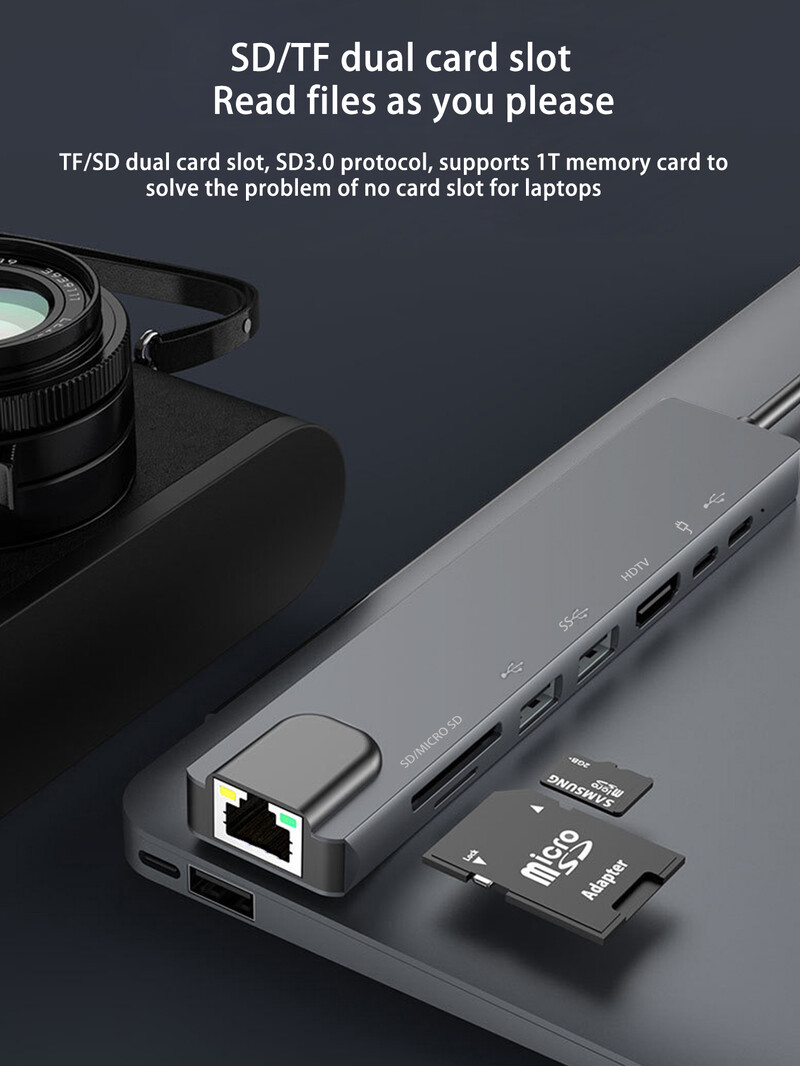 Dock de expansiune pentru notebook TypeC 8-în-1, material din aliaj de aluminiu, card de rețea de 100 megabiți, hub multifuncțional