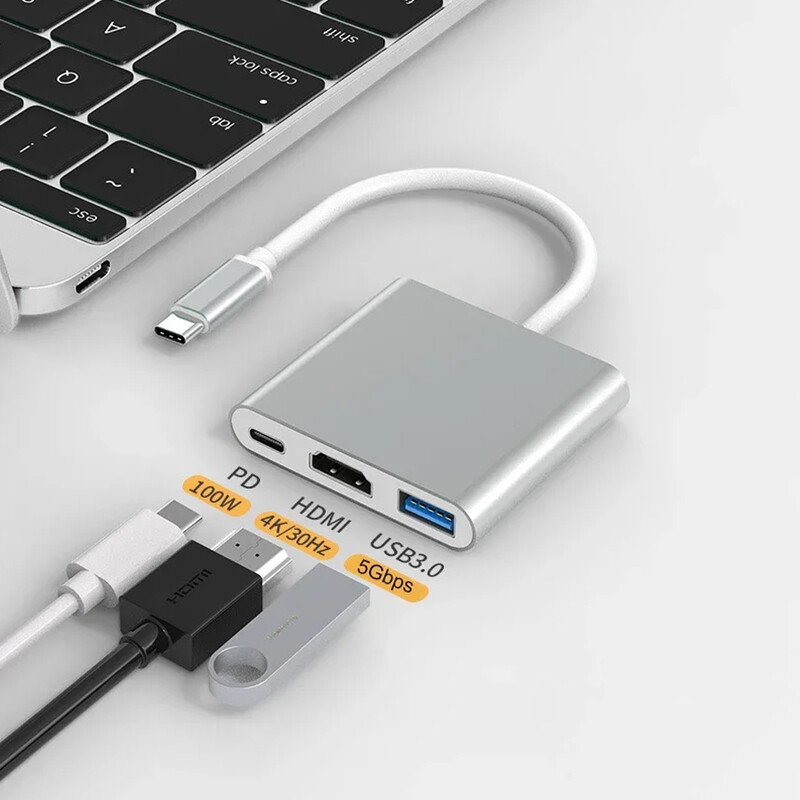 Laptophoz 3 az 1-ben USB C HUB Type-C – HDTV adapter USB-C 3.1 Splitter 4K30Hz PD100W SD TF Dock MacBook iPad Pro Air Huaweihez